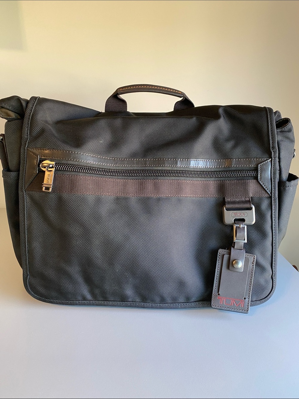Tumi Black Nylon Messenger Bag with Brown Trim